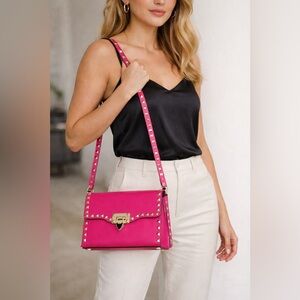 VALENTINO GARAVANI Fuschia Pink Leather Gold Rockstud Shoulder Crossbody Bag